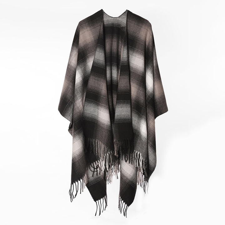 Women Oversize Wool Blend Poncho Cape with Ombre Check Pattern and Fringe Hem Mune Fashion