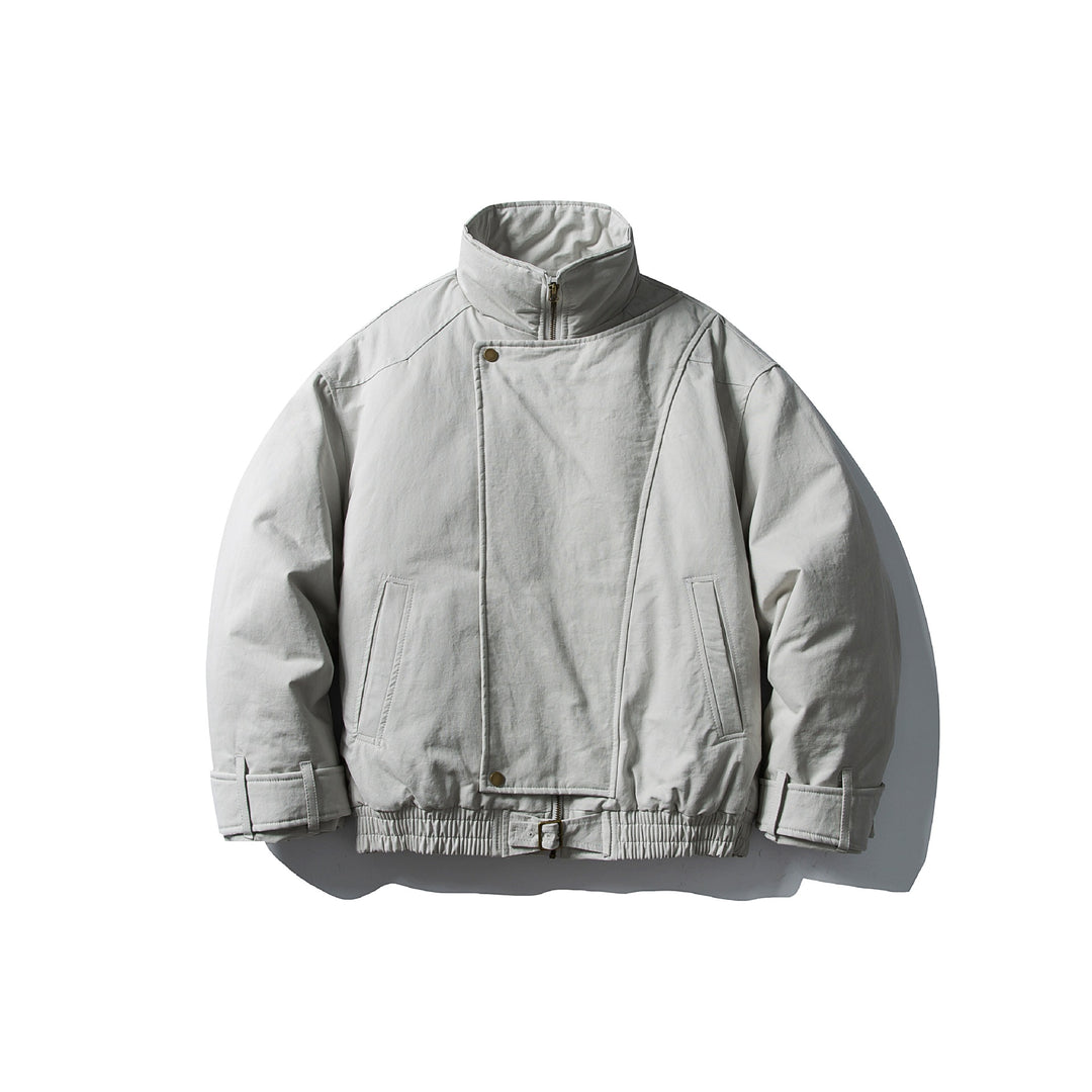 Men's Volume Stand Collar Bomber with Asymmetric Front Flap and Waist Buckle Mune Fashion