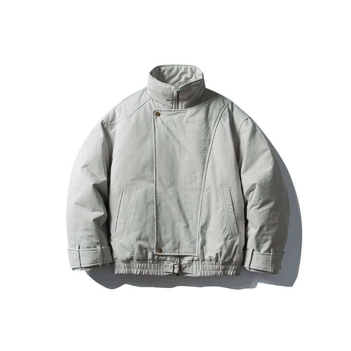 Men's Volume Stand Collar Bomber with Asymmetric Front Flap and Waist Buckle Mune Fashion