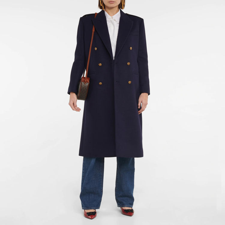 Women Double-breasted Wool Blend Long Coat with Epaulettes and Structured Tailoring Silhouette Mune Fashion