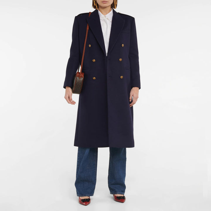 Women Double-breasted Wool Blend Long Coat with Epaulettes and Structured Tailoring Silhouette Mune Fashion