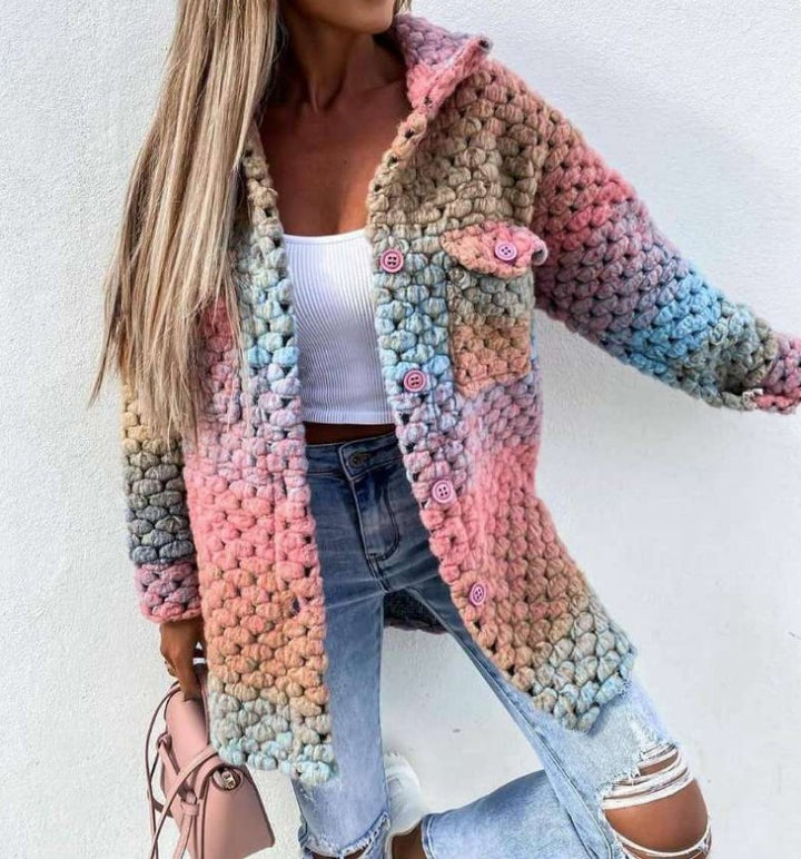 Women Crocheted Oversized Cardigan with Gradient, Button Placket and Patch Pockets Mune Fashion
