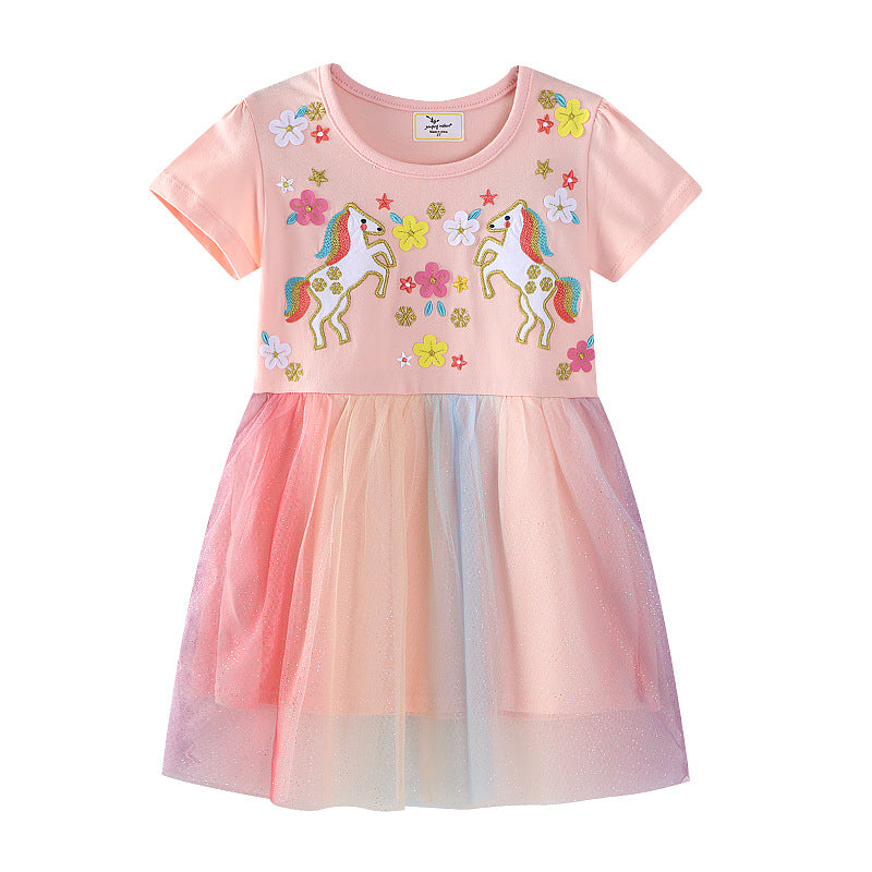 Girls tulle dress with unicorn embroidery and colorful appliqués Mune Fashion