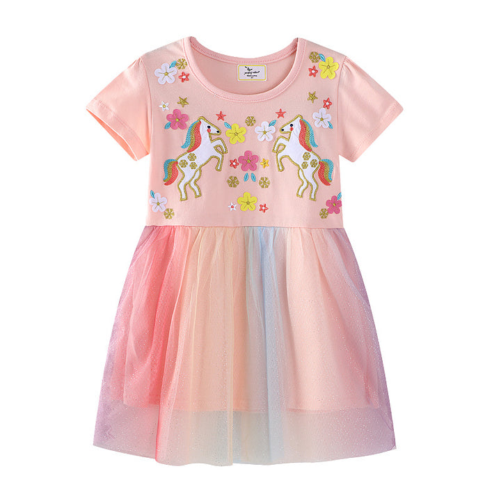 Girls tulle dress with unicorn embroidery and colorful appliqués Mune Fashion