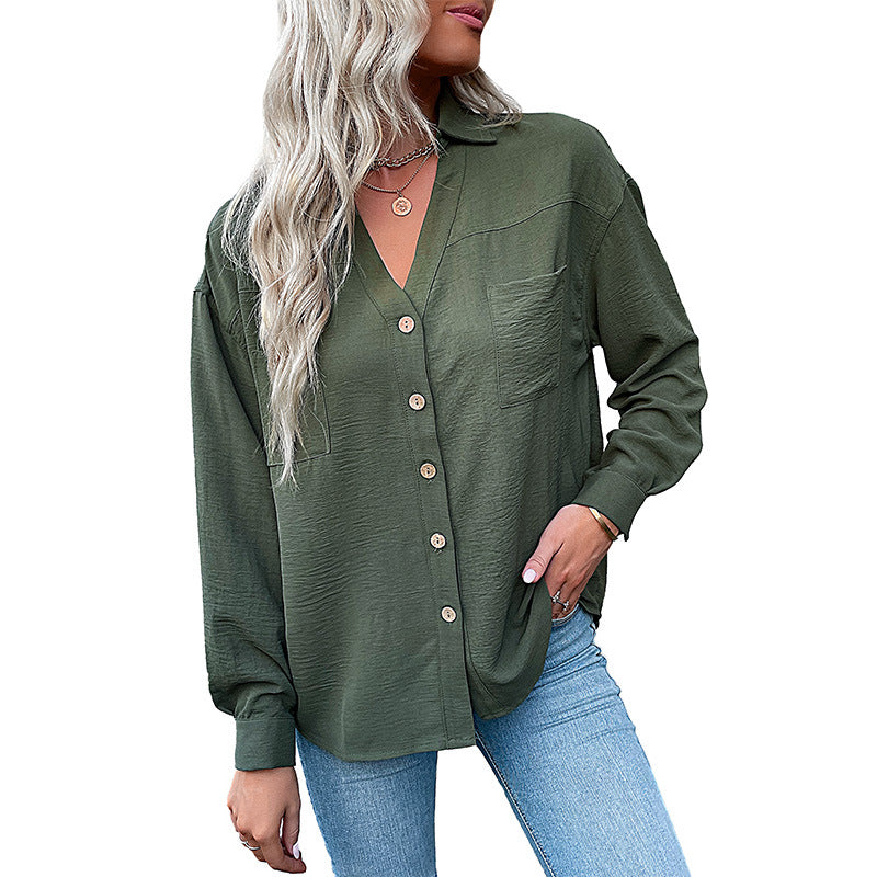 Women's Oversize Crinkle Shirt Blouse with V-Neck, Visible Button Placket and Chest Pocket Mune Fashion