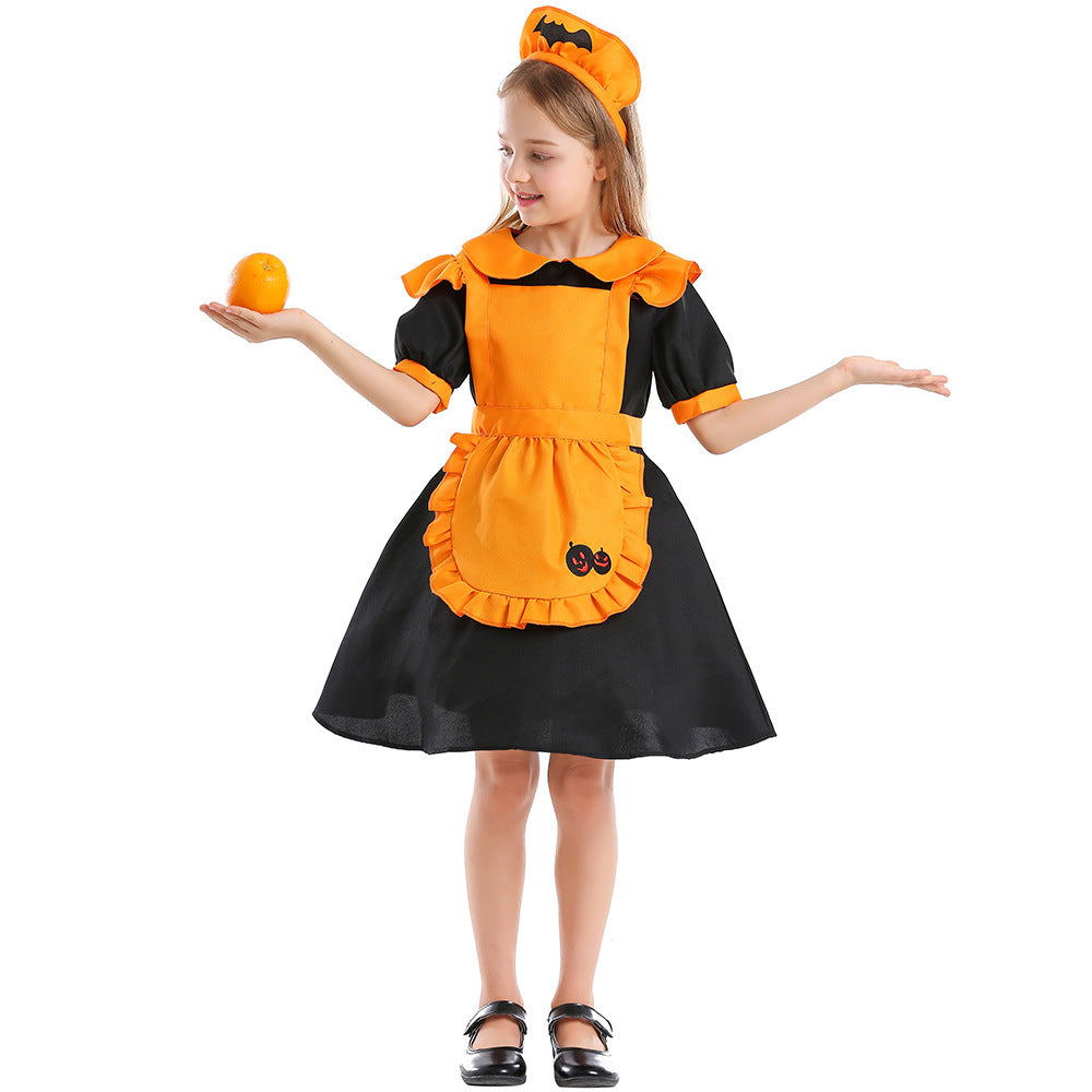 Girls Pumpkin Fairy Costume with Swinging Skirt and Chic Apron Design Mune Fashion