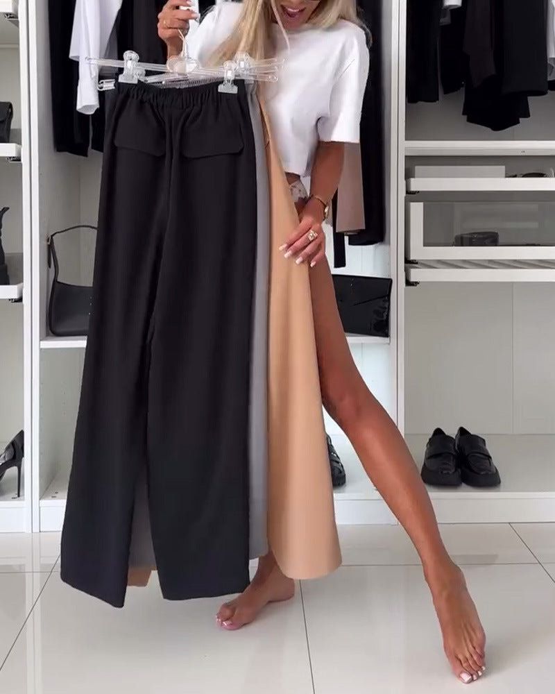 Women's wide Palazzo pants with elastic waistband and patch flap pockets Mune Fashion