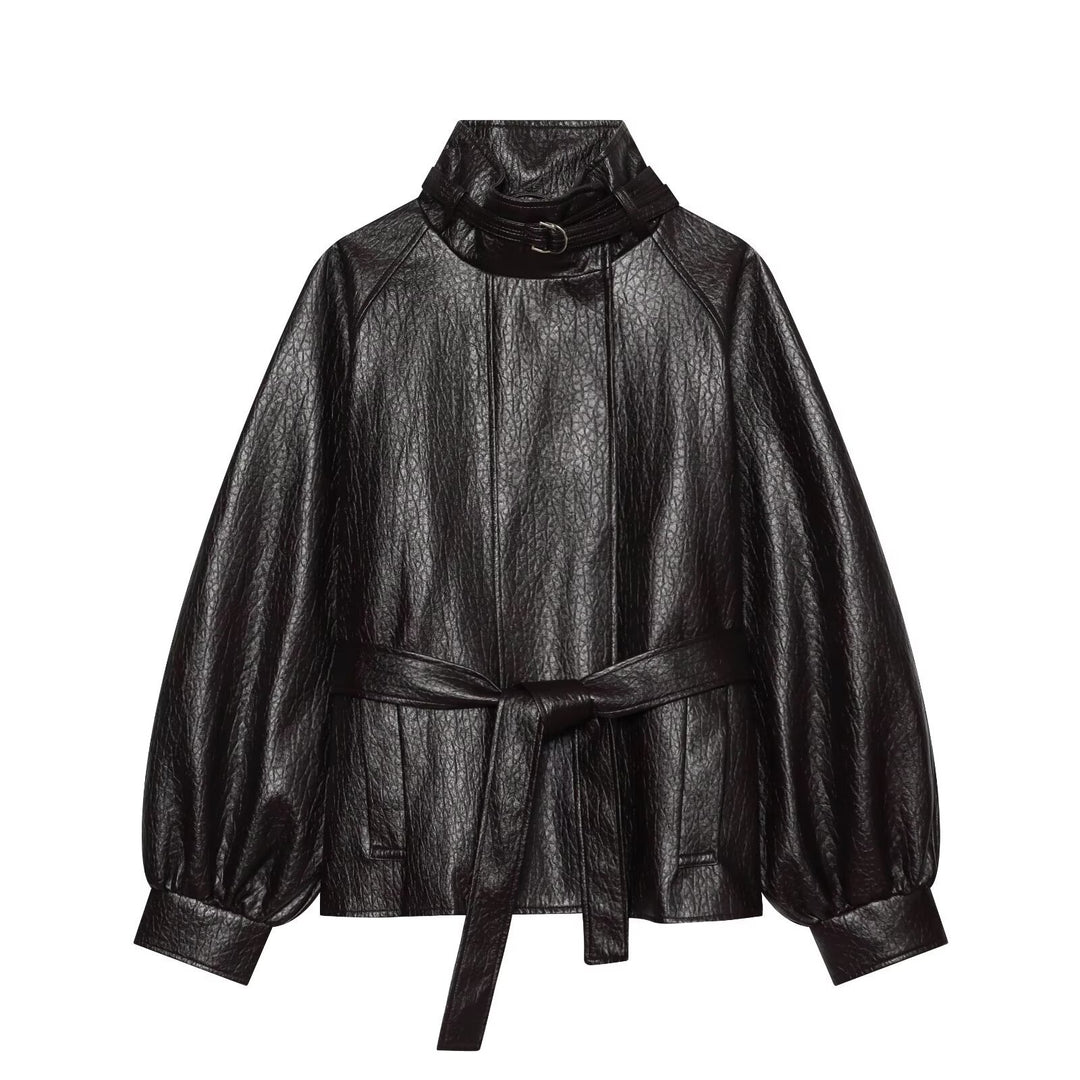 Women's short jacket made of faux leather with high buckle collar and waist belt Mune Fashion