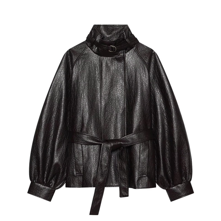 Women's short jacket made of faux leather with high buckle collar and waist belt Mune Fashion