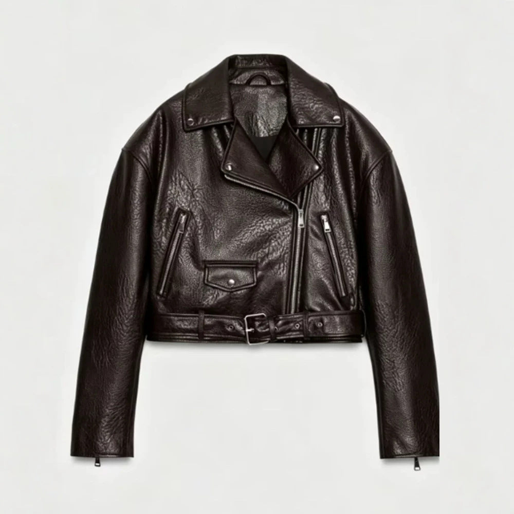 Women's short-cut biker jacket made of faux leather with a waist belt and asymmetrical zipper Mune Fashion