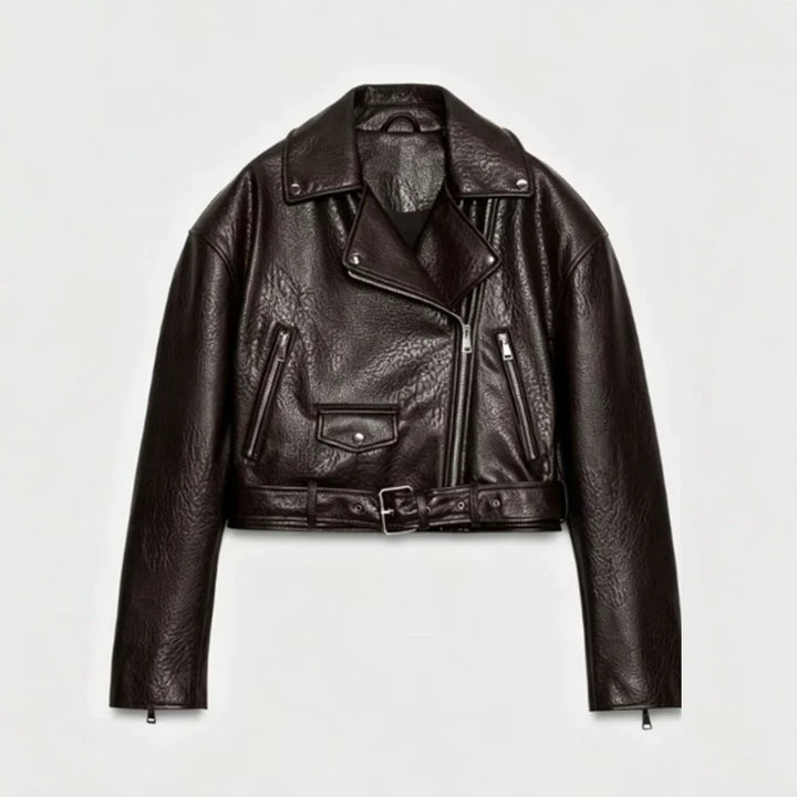 Women's short-cut biker jacket made of faux leather with a waist belt and asymmetrical zipper Mune Fashion