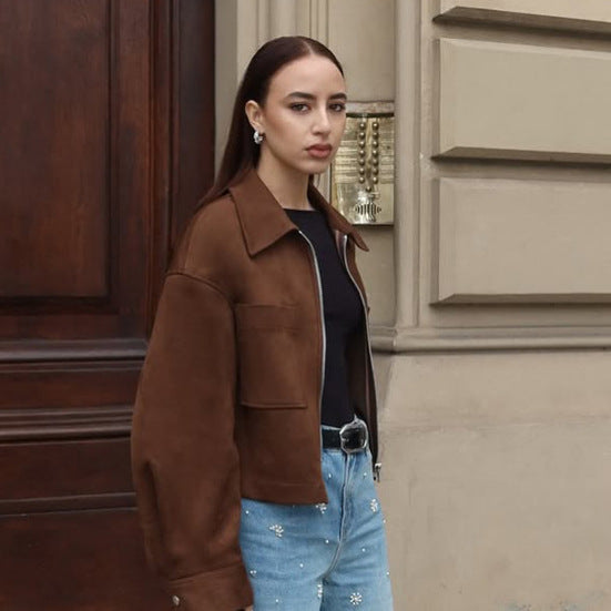 Ladies Short Suede Look Jacket with Zipper and Oversized Sleeves Mune Fashion