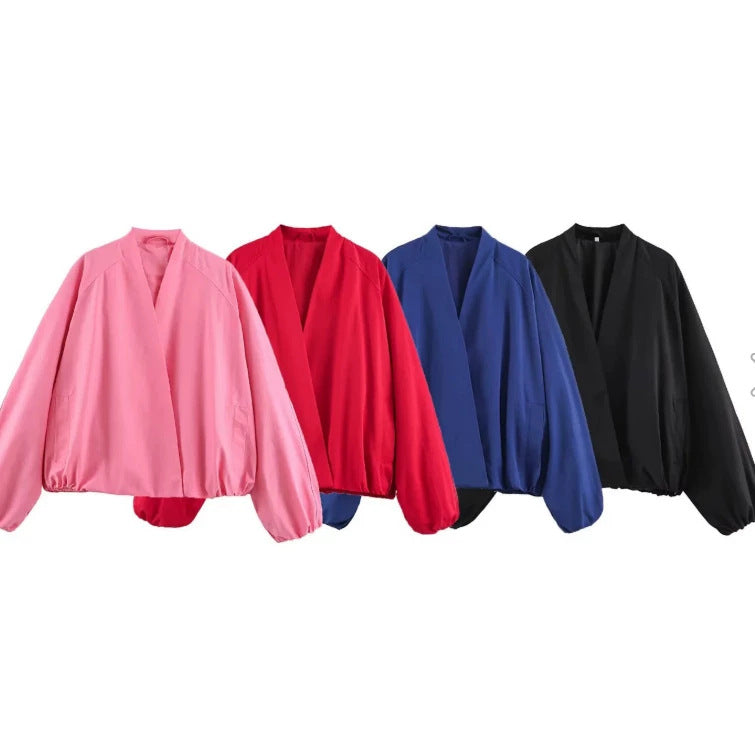 Women Short Blouson made of Artificial Leather with Double-Breasted Button Placket and Shoulder Cape Mune Fashion