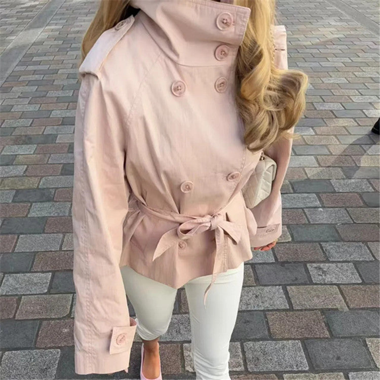 Women's short trench-style jacket with stand-up collar double-breasted and tie belt Mune Fashion