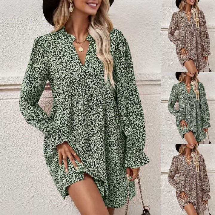 Women's Loose Chiffon Mini Dress with V-Neck and Ruffle Sleeves Mune Fashion