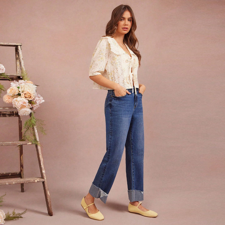 Women's High-Waisted Cropped Jeans with Wide Leg and Frayed Cuff Mune Fashion