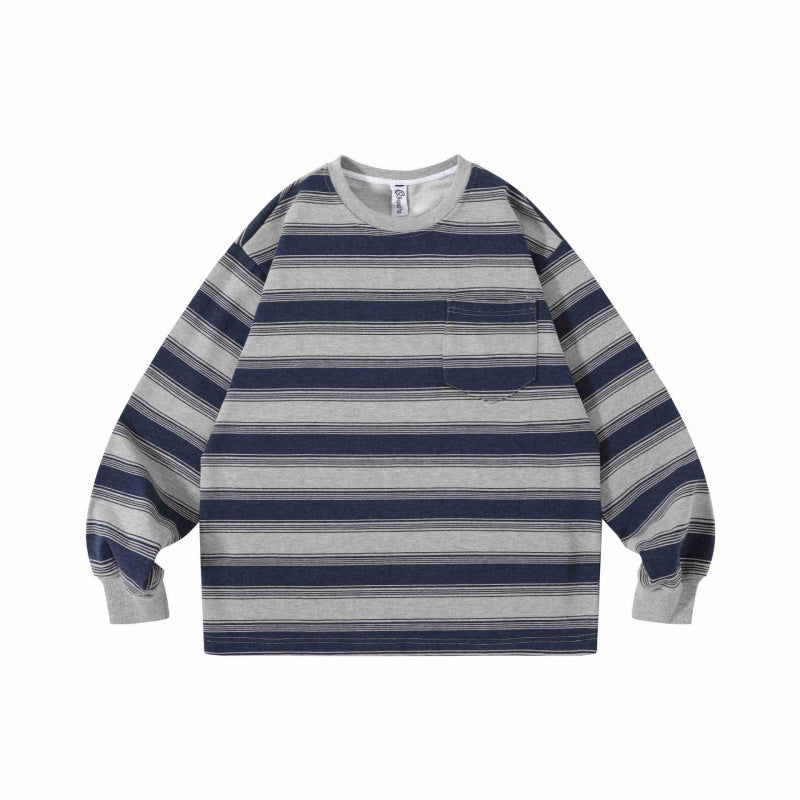 Unisex Oversize Striped Sweatshirt with Chest Pocket and Round Neck Mune Fashion
