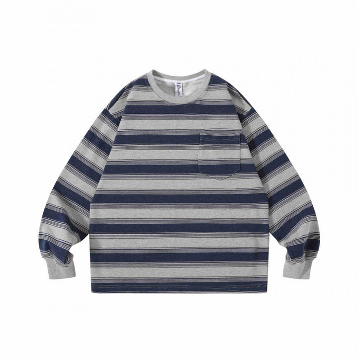 Unisex Oversize Striped Sweatshirt with Chest Pocket and Round Neck Mune Fashion