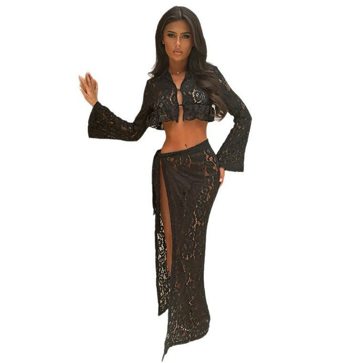 Women's casual crochet blouse with tie belt Mune Fashion