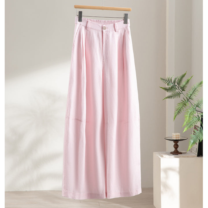 Women's wide linen-look trousers with high waist, crease and elastic back Mune Fashion