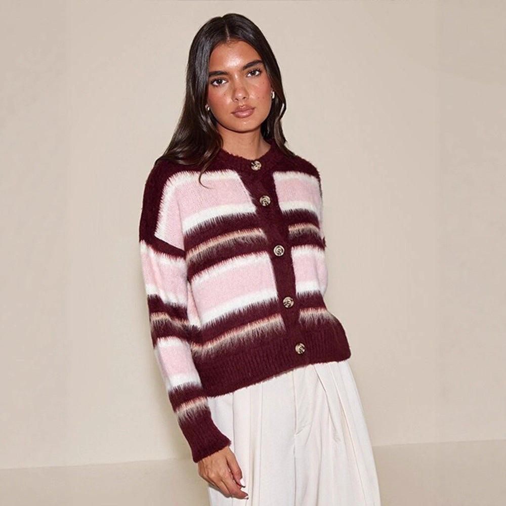 Women's Striped Mohair Blend Knit Cardigan with Button Placket and Cozy Cropped Cut Mune Fashion