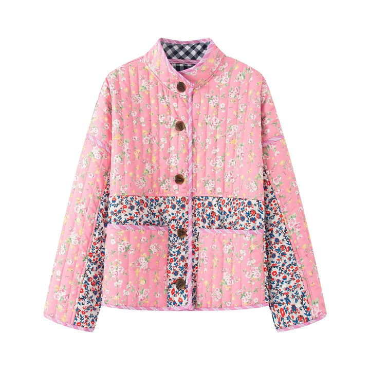 Women's non-quilted patchwork quilt jacket with stand-up collar, large decorative buttons, and patch pockets Mune Fashion