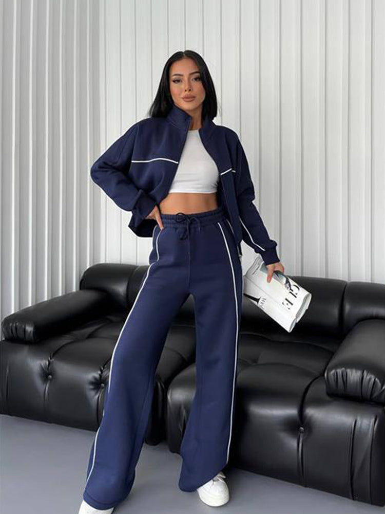 Women's nan Oversized Tracksuit Set with Zipper High Collar and Contrast Piping Mune Fashion