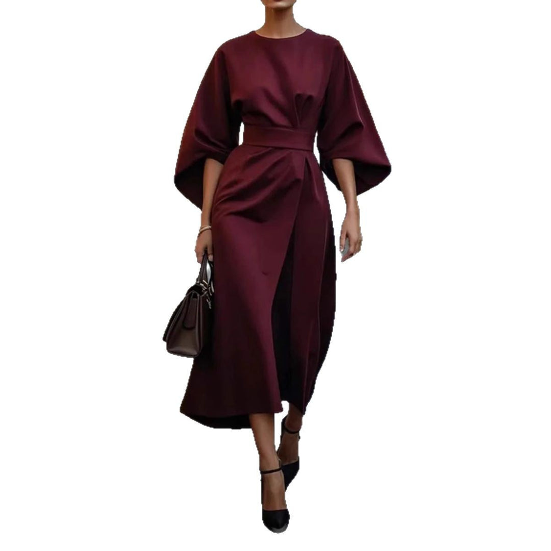 Ladies' elegant midi dress with kimono sleeves, draped wrap look and waist belt Mune Fashion