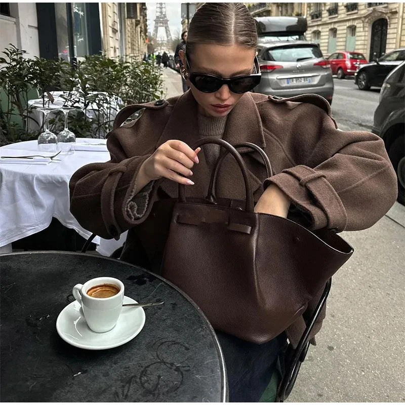 Women’s short cut double-breasted wool blend trench coat with waist belt Mune Fashion