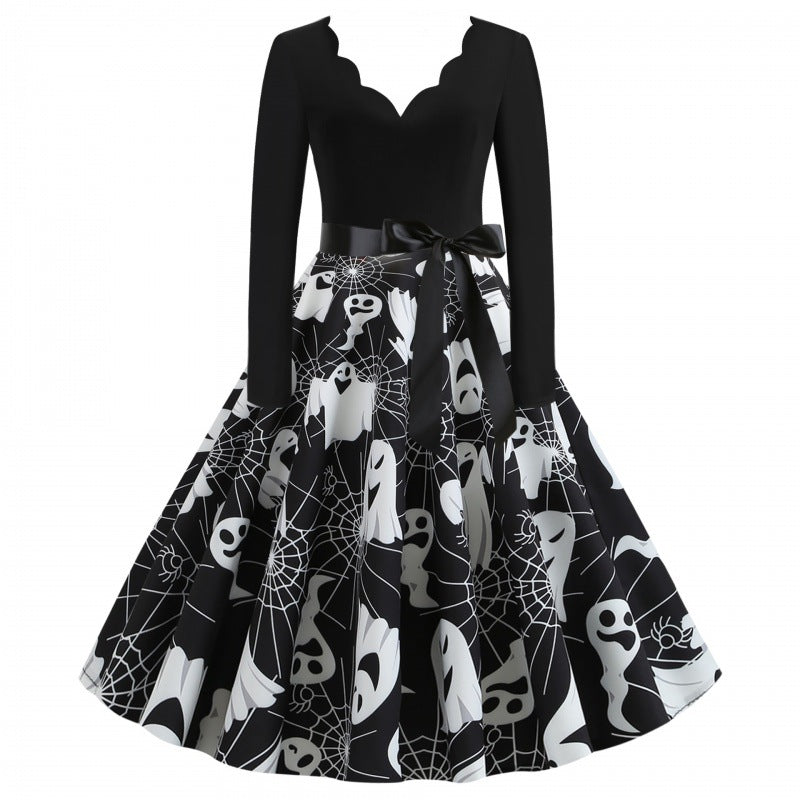 Women’s swing dress with wavy neckline, long-sleeved top and ghost print with waist bow Mune Fashion