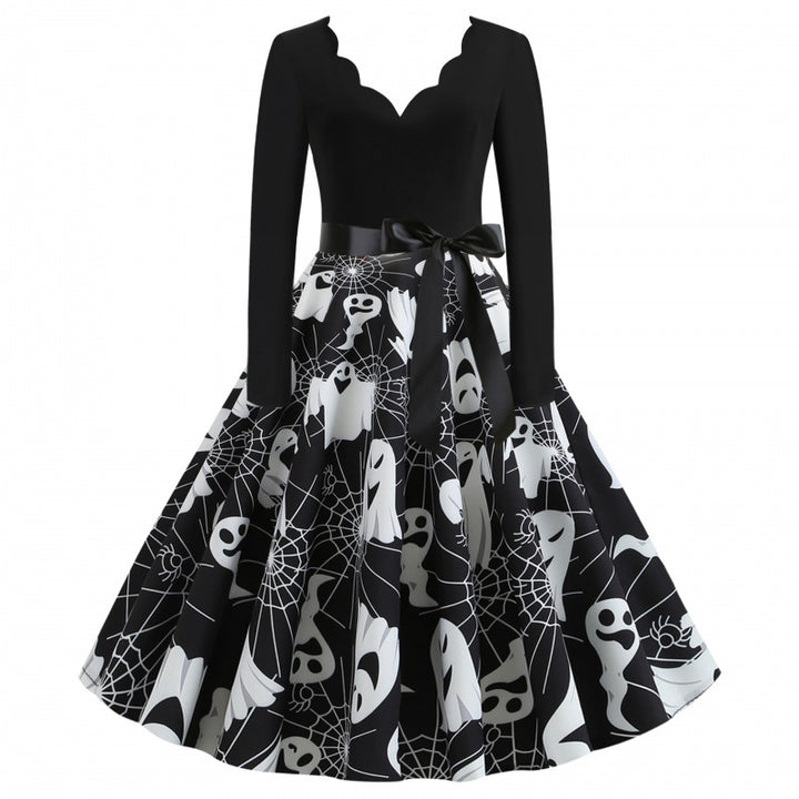 Women’s swing dress with wavy neckline, long-sleeved top and ghost print with waist bow Mune Fashion