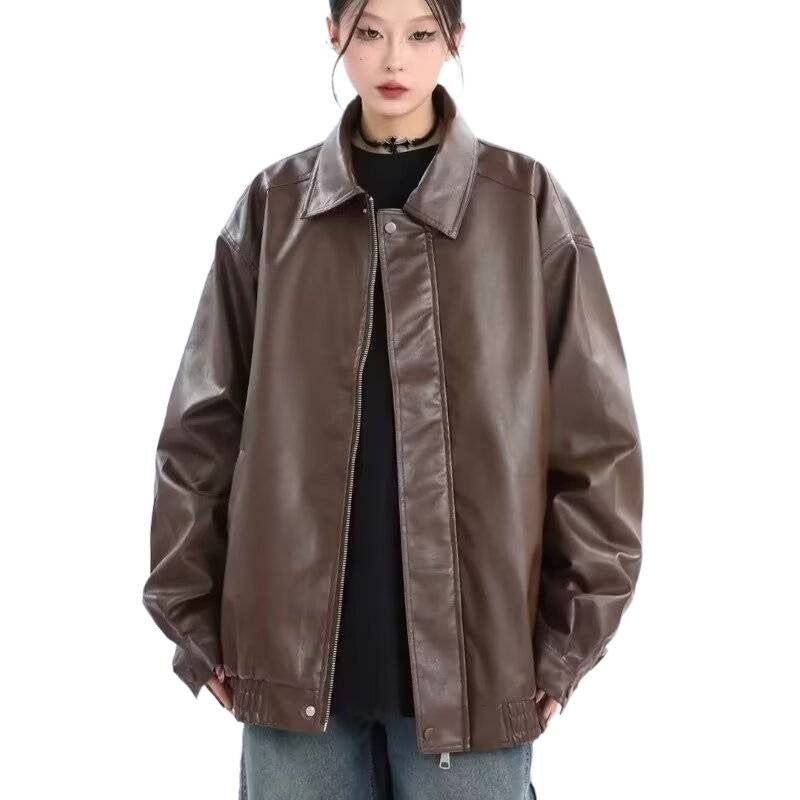 Women's Oversized Faux Leather Blouson with Elastic Hem and Shirt Collar Mune Fashion