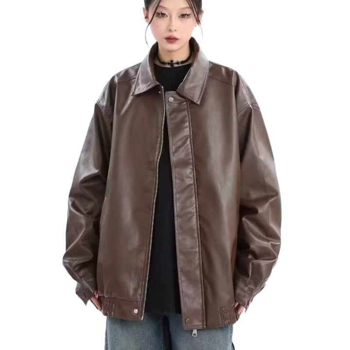 Women's Oversized Faux Leather Blouson with Elastic Hem and Shirt Collar Mune Fashion