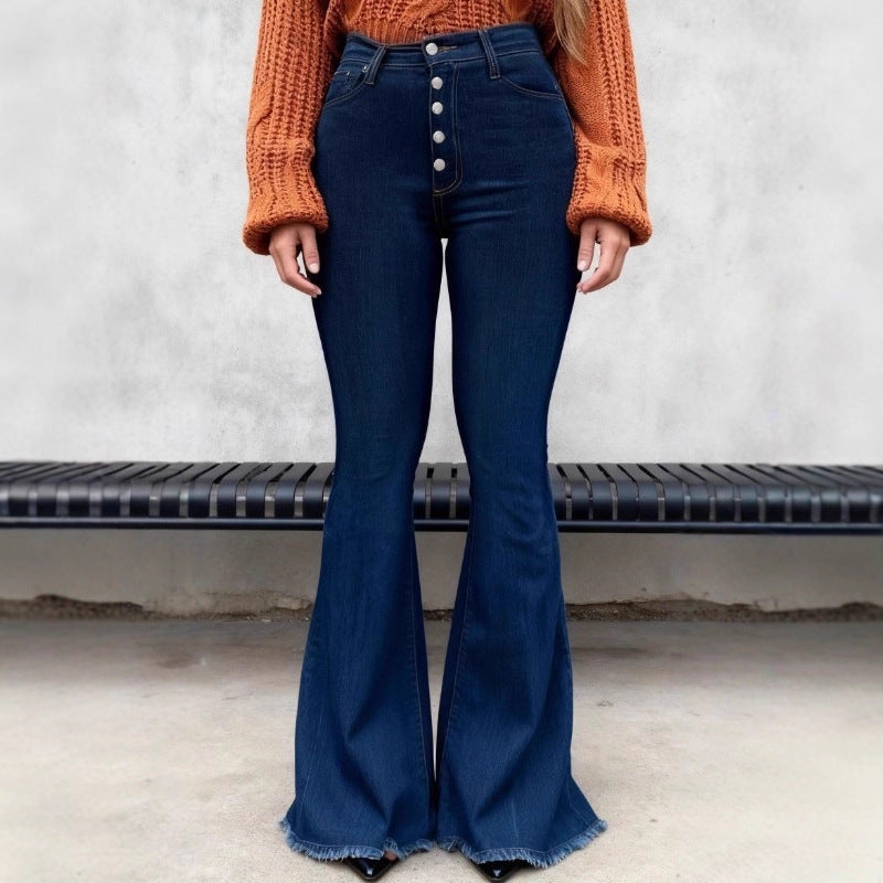 Ladies high-waisted retro flared jeans with visible button placket and flared leg Mune Fashion