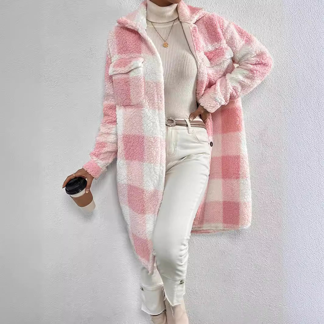 Women's longer teddy check coat with shirt collar, patch chest pockets and button placket Mune Fashion
