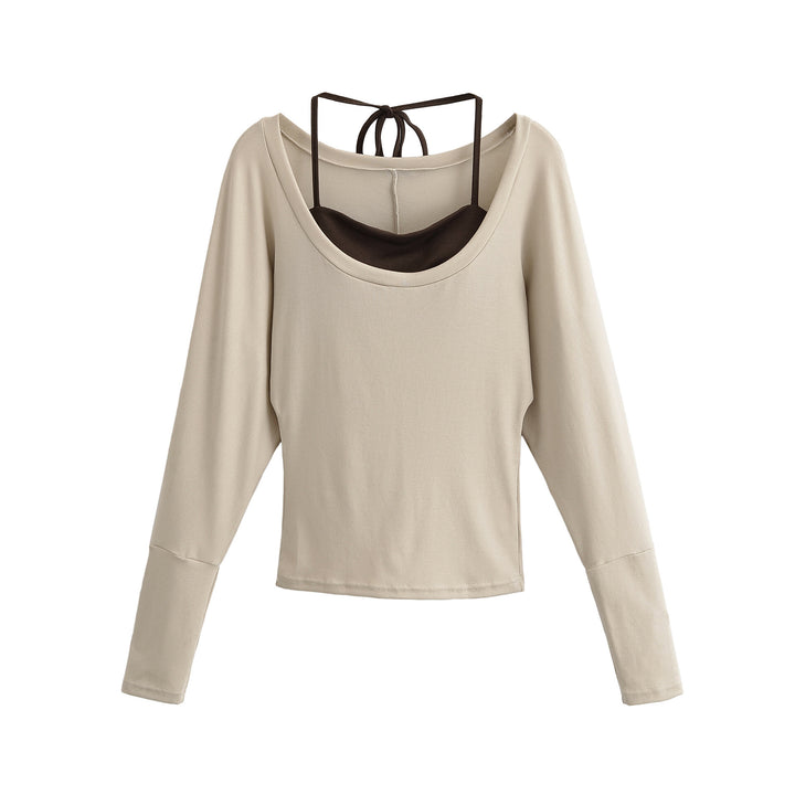 Women's Layered Long Sleeve Shirt with Integrated Spaghetti Strap Cami and Wide Round Neck Mune Fashion