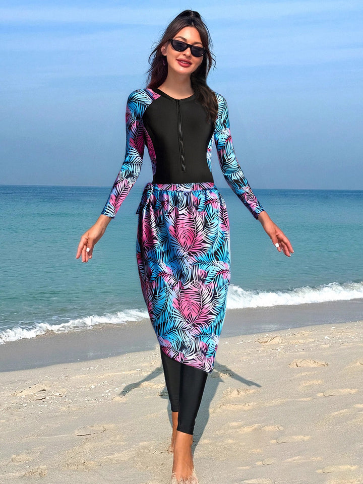Women's Stylish UV Protection Swimsuit with Long Sleeves and Elegant Skirt Mune Fashion