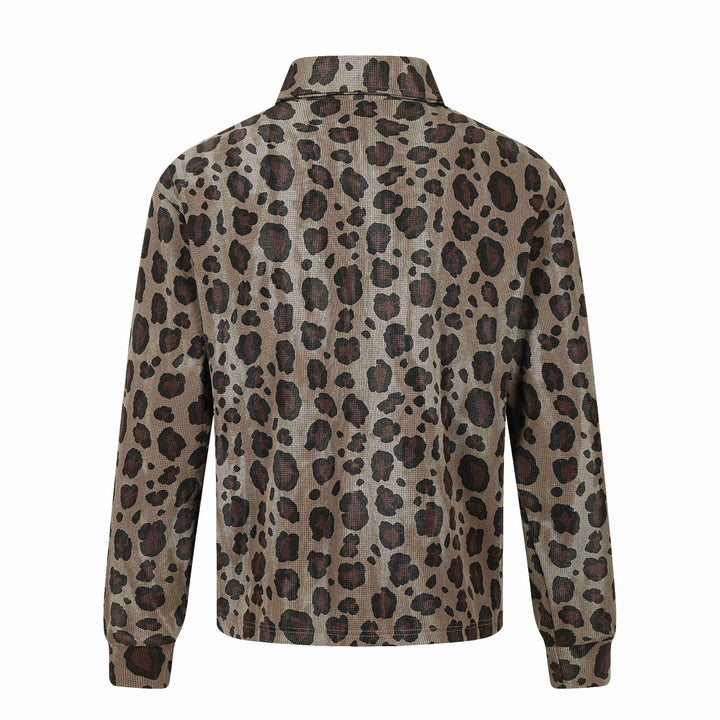 Women Long Sleeve Polo Shirt with Waffle Structure, Button Placket and Animal Print Mune Fashion