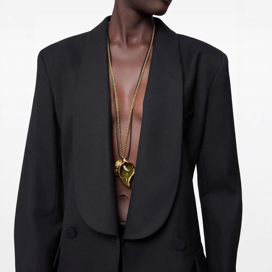 Women's Oversized Smoking Long Blazer with Deep Shawl Collar and Extended Shoulder Line Mune Fashion