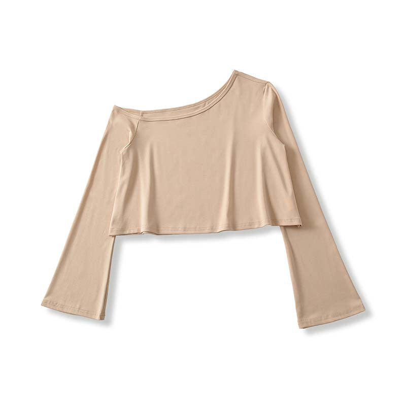 Women's Cropped Off-Shoulder Long Sleeve with Flared Trumpet Sleeves made of Jersey Mune Fashion