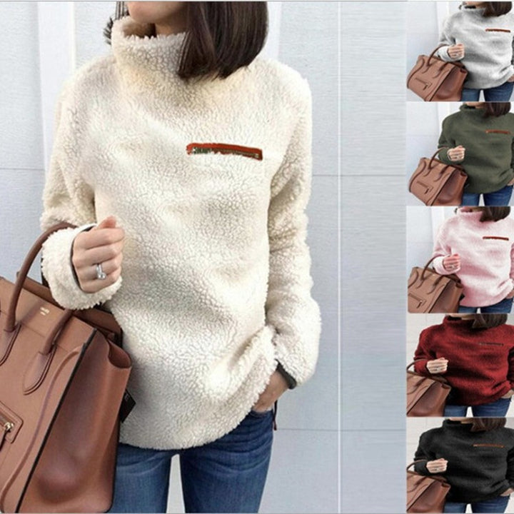 Women's cozy teddy fleece pullover with stand-up collar and chest zipper Mune Fashion