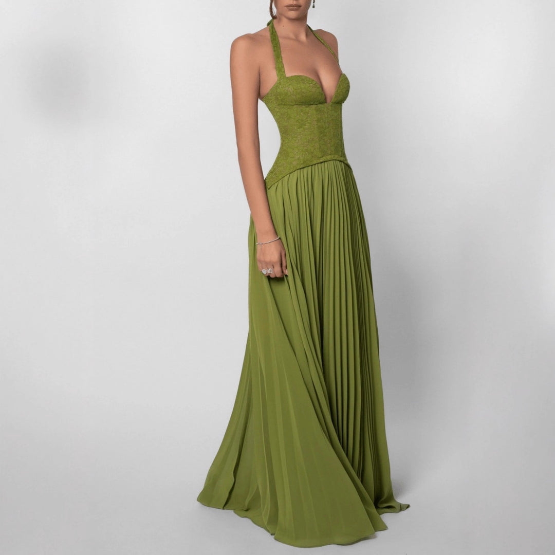 Ladies nan halter neck corset dress with lace corset and flowing pleated skirt Mune Fashion