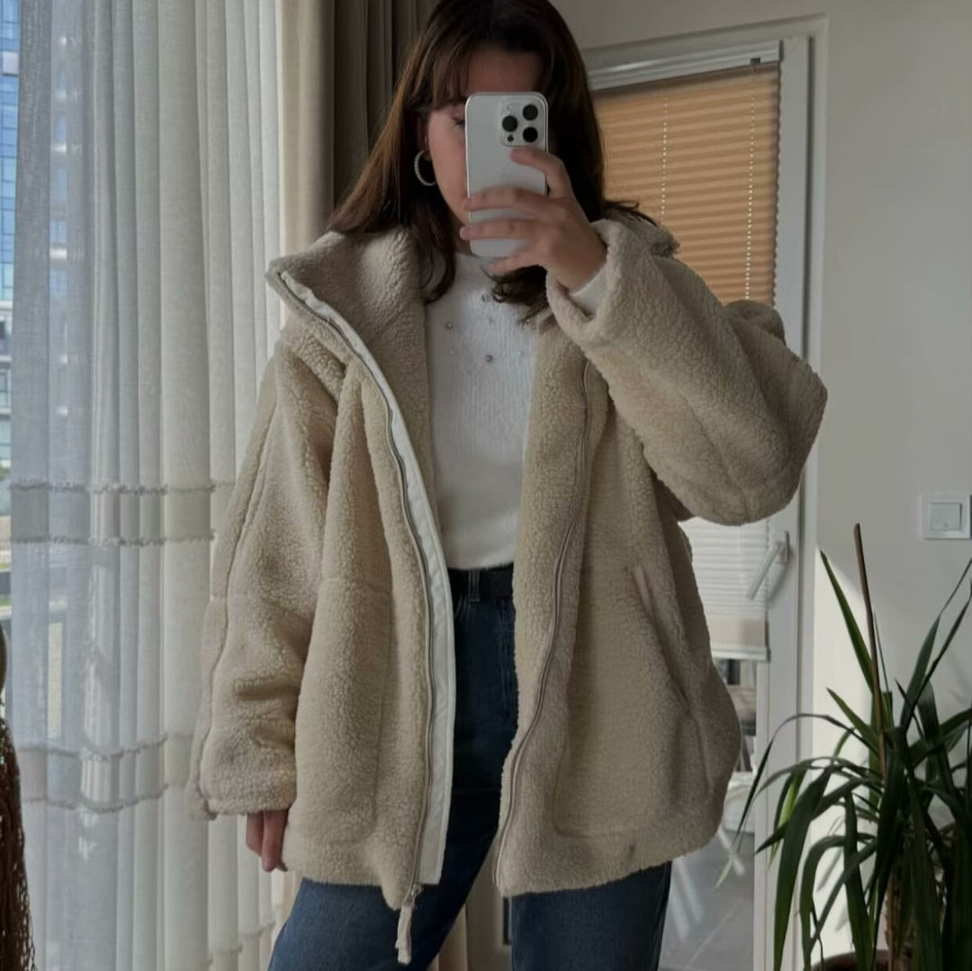 Women's Teddy Fleece Jacket with Stand-up Collar and Leather-Look Details Mune Fashion