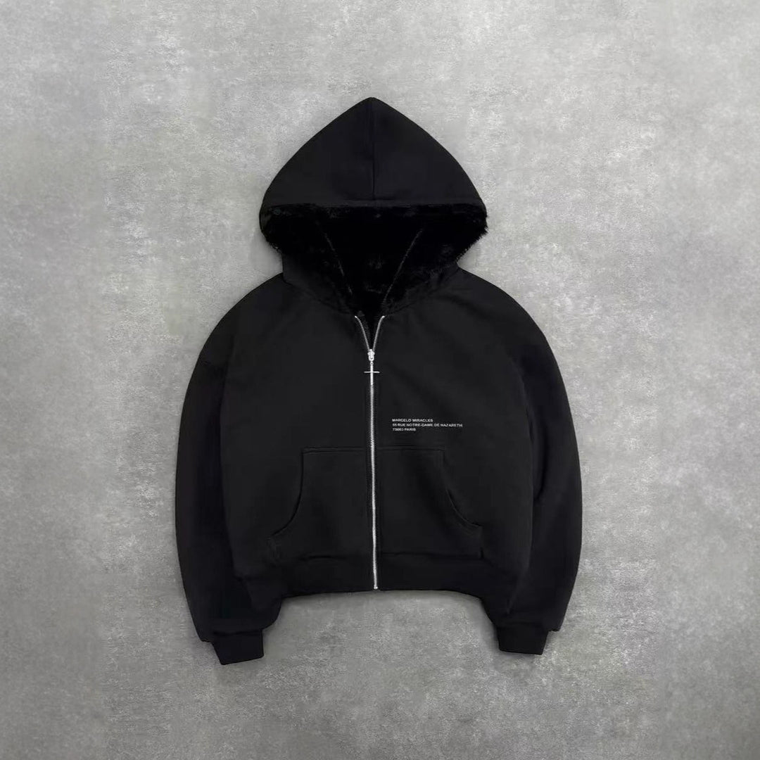 Unisex hooded sweatshirt jacket with faux fur lining, cropped cut and cross zipper Mune Fashion