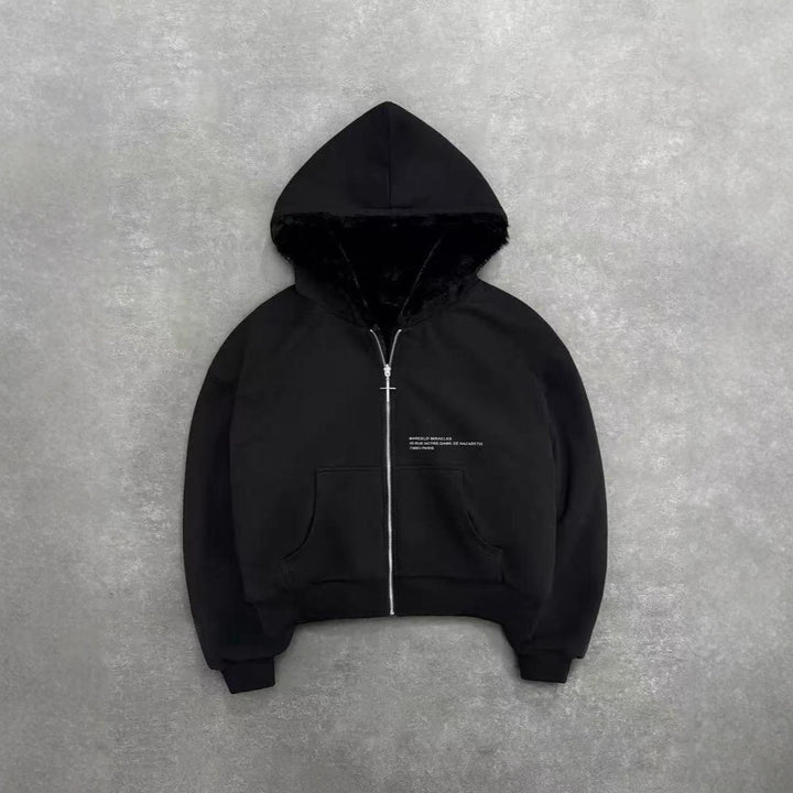 Unisex hooded sweatshirt jacket with faux fur lining, cropped cut and cross zipper Mune Fashion