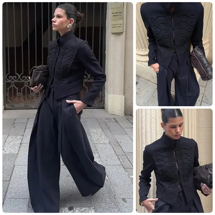 Women Tailored Short Blazer with Stand Collar and Decorative Cord Decoration Mune Fashion