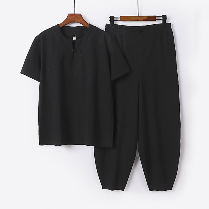 Men's Two-Piece Set with Short Sleeve Stand Collar Shirt and Elastic Harem Pants Mune Fashion