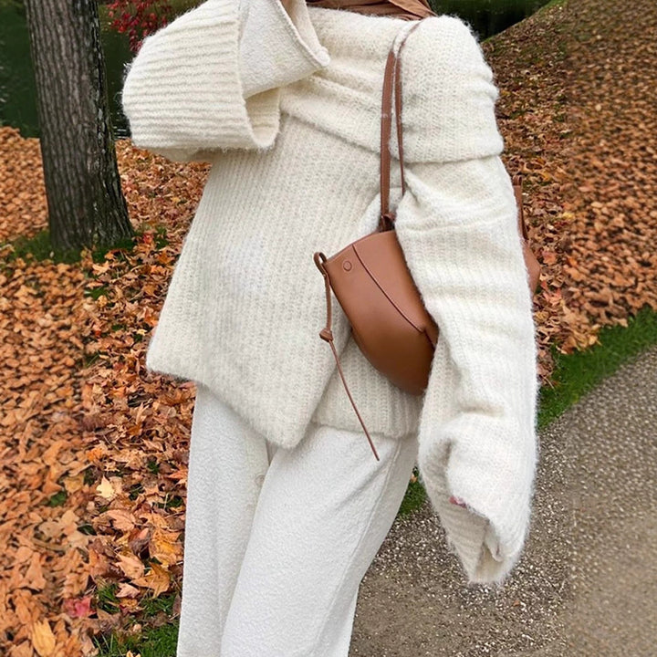 Women's Oversize Off-Shoulder Ribbed Knit Sweater with Wide Bell Sleeves Mune Fashion