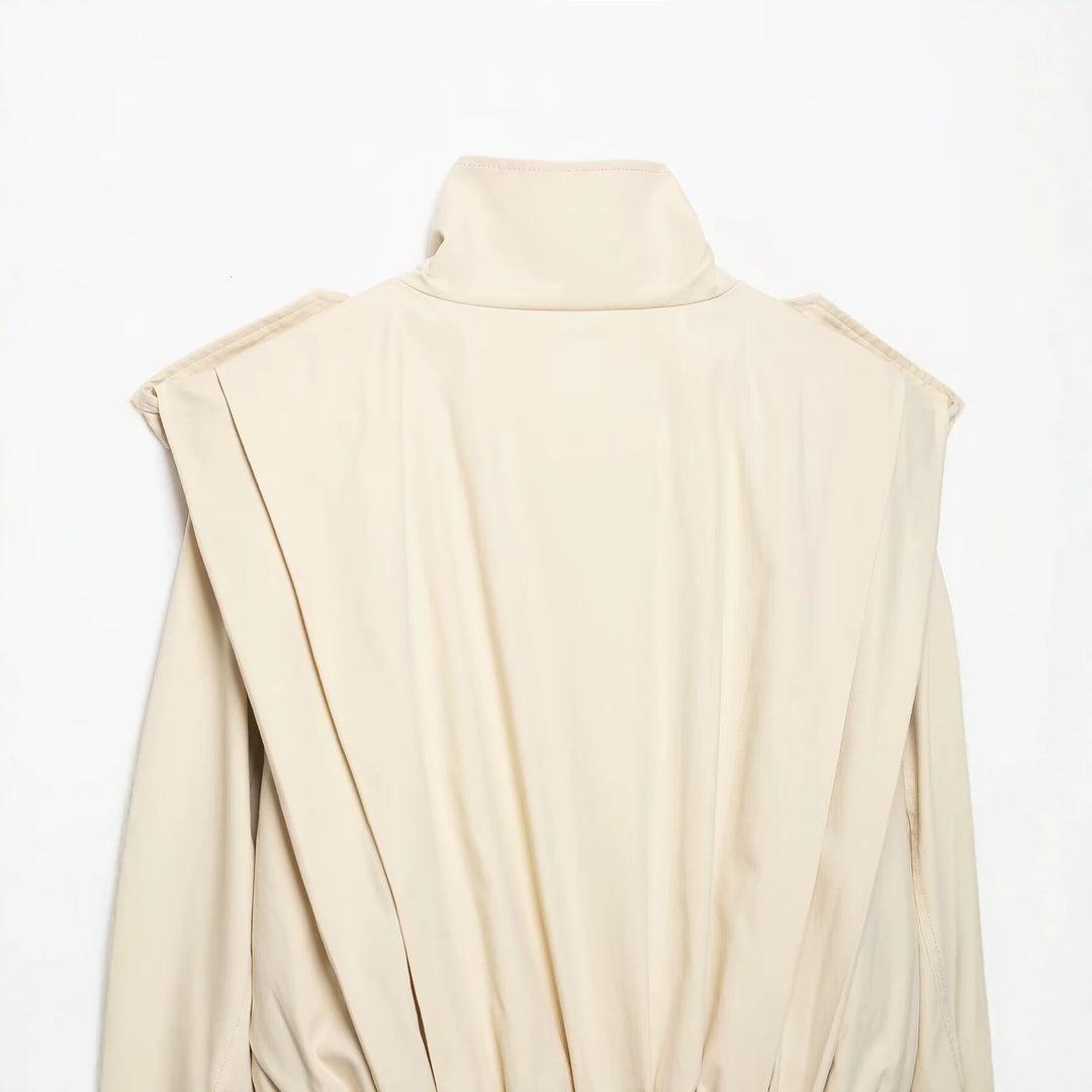 Women's Cropped Trench Coat in Cape Look with Double-Breasted Button Placket and High Stand Collar Mune Fashion