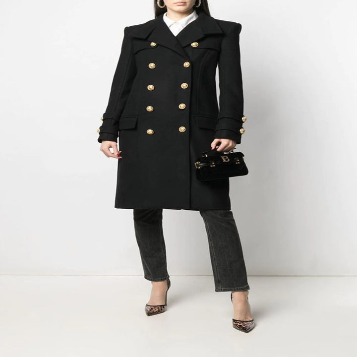 Ladies Elegant Wool Blend Long Coat in Marine Inspired Double Breasted with Oversized Shawl Collar and Decorative Sleeves Mune Fashion